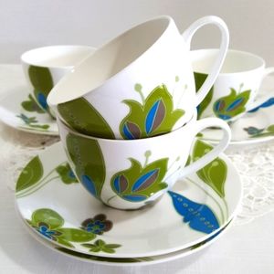 Pair Teacup Saucer Retired Stokes Floral AQUA GARDEN, Green & White, Set of 2